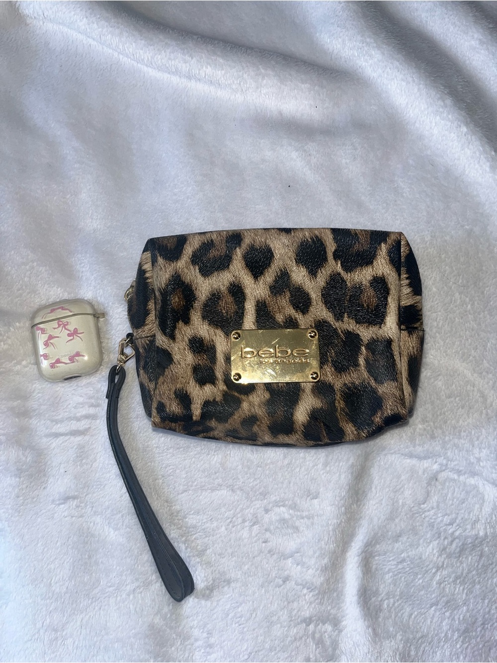 bebe Leopard Print Wristlet Clutch with Gold Plate